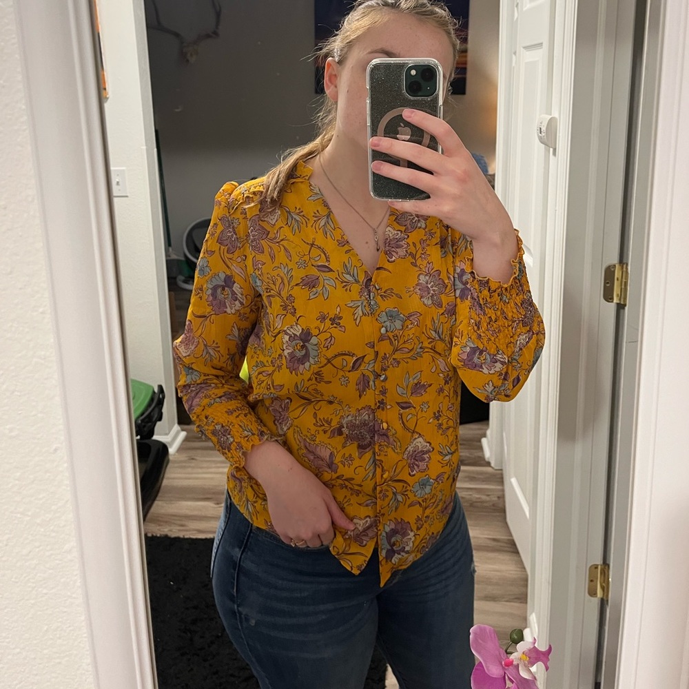 Floral long sleeve Nanette Lepore sheer blouse with under garment (m)